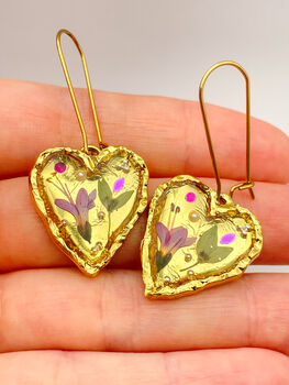 Gold Heart Earrings With Pink Flowers, 3 of 10