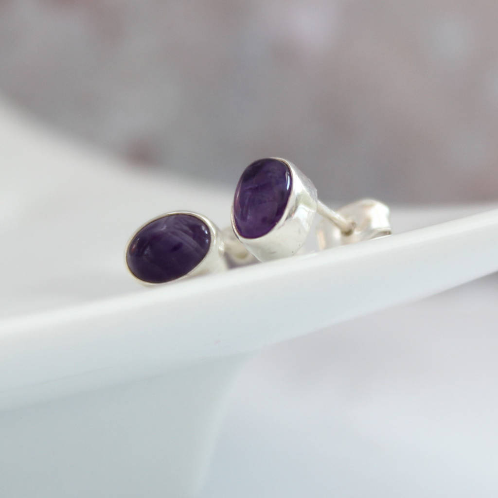 Amethyst And Silver Oval Stud Earrings, 1 of 8