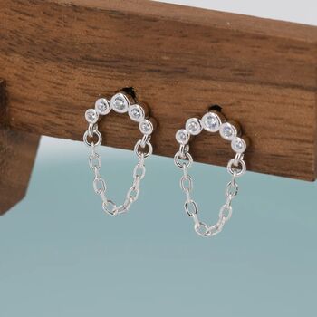 Cz Curved Bar Chained Stud Earrings In Sterling Silver, 3 of 12