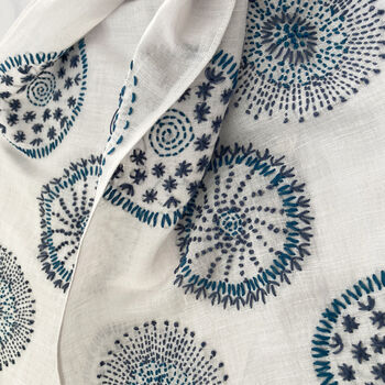 Hand Embroidered 100% Linen Scarf In Light Grey And Blue, 4 of 5
