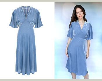 Cape Sleeved Tea Dress In Cornflower Blue Silk Velvet, 2 of 2