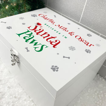 Personalised White Wooden Santa Paws Pet Christmas Eve Box Three Sizes 22cm | 27cm | 30cm, 2 of 7