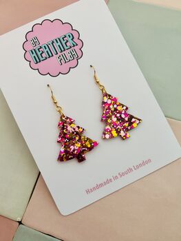 Pink And Gold Christmas Tree Glitter Resin Earrings / Pink Christmas Jewellery / Christmas Gift / Bold Sparkly Pink Holiday Accessory, 2 of 12