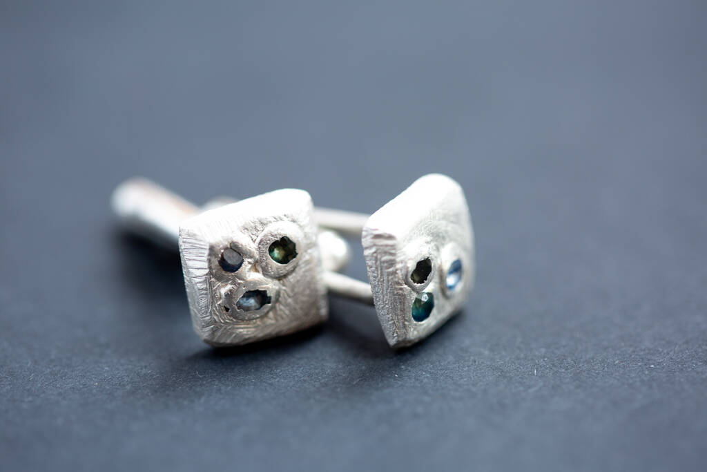 Image of Chunky Cufflinks In Sterling Silver And Sapphire, Silver