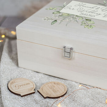 Eucalyptus Wedding Natural Wooden Memory Keepsake Box, 2 of 5