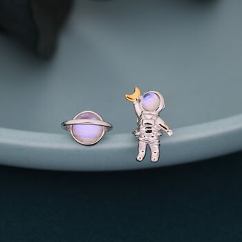 Sterling Silver Mismatched Astronaut And Planet Stud Earrings, 4 of 9