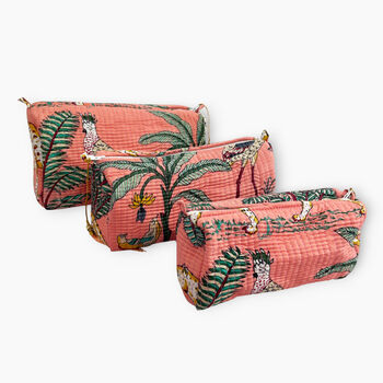 Jungle Print Cotton Washbag, Make Up Bag, With Waterproof Lining Set Of Three Peach, 3 of 7
