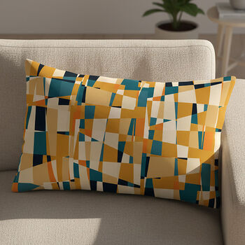 Decorative Cushion Cover In Oblong Lumbar Shape, Mustard And Teal Abstract Design, 3 of 12
