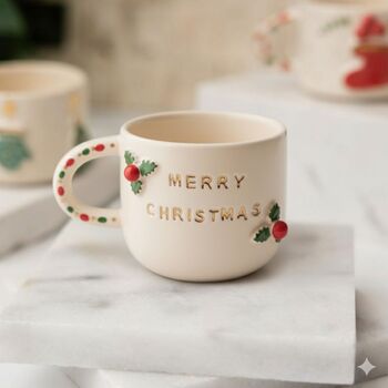 Handmade Merry Christmas Ceramic Mug With Holly Detailing And Festive Handle, 2 of 4