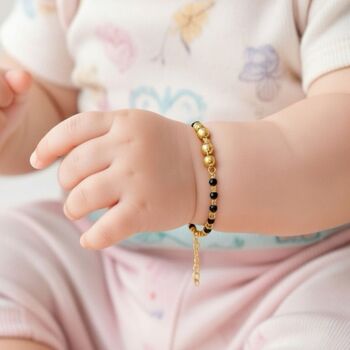Gold Plated Three Ball Black Bead Kids Nazar Bracelet, 2 of 7