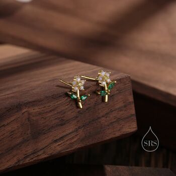 Opal Pink Cz Flower Stud Earrings In Sterling Silver, 5 of 10