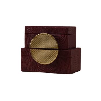 Handmade Burgundy Leather Box Set With Brass Half Moon Handles, 4 of 6