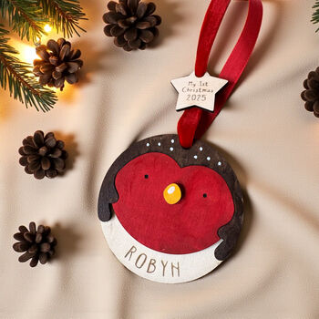 Personalised Wooden Robin Christmas Decoration – My First Christmas Bauble, 2 of 9