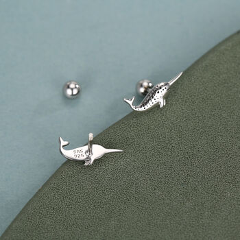 Sterling Silver Narwhal 18 G Screw Back Earrings, 5 of 11