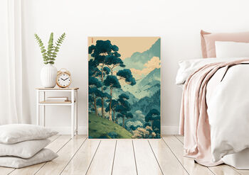 Japanese Green Forest Mountain Art Print, 4 of 4