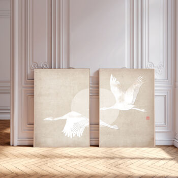 Set Of Two Japanese White Crowned Cranes Art Prints, 2 of 2
