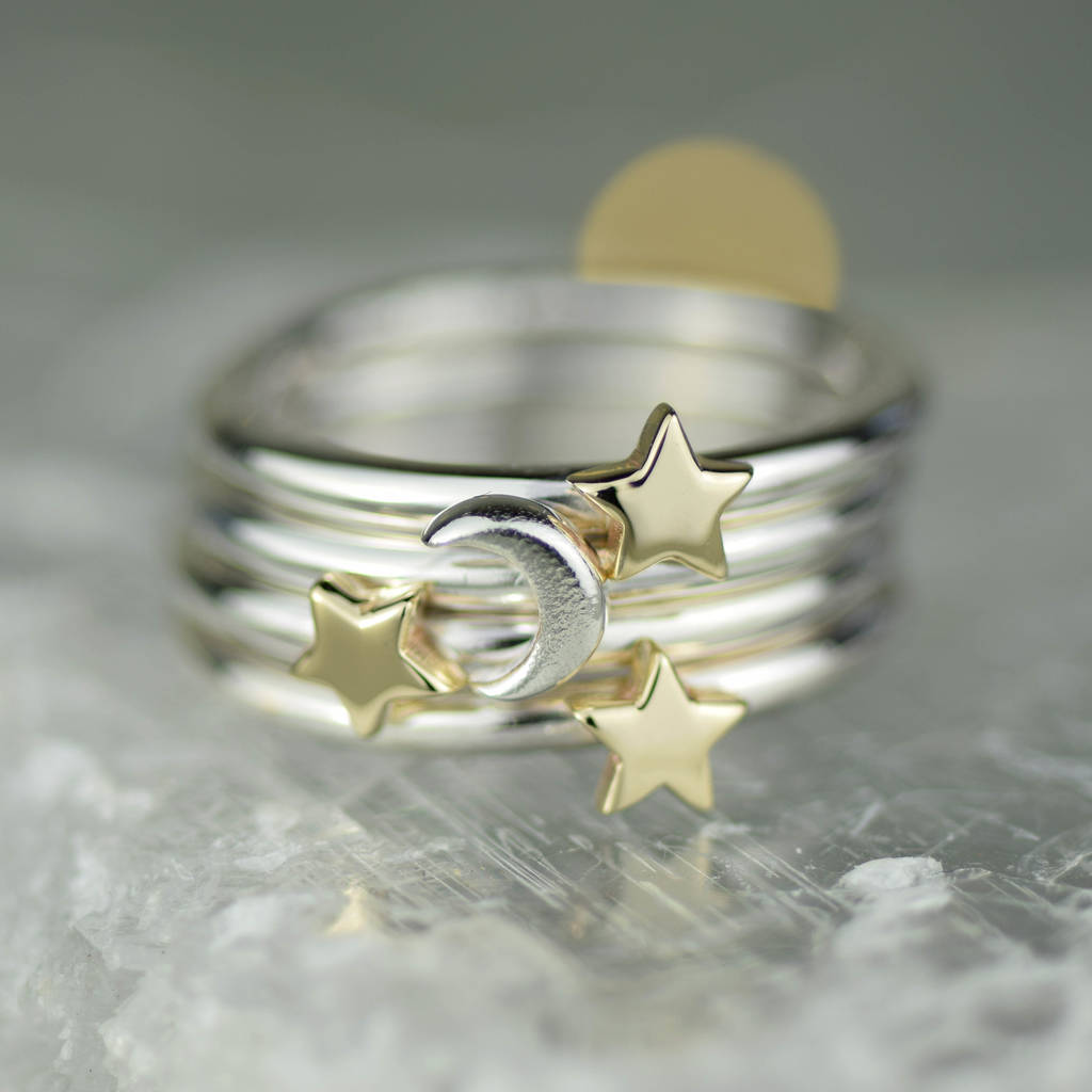 Lunar Moon And Stars Silver And Gold Stacking Ring Set By Alison Moore