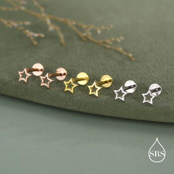 Sterling Silver Open Star 16g Flat Back Stud Earrings, 3 of 11