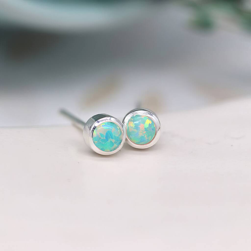 Tiny Green Fire Opal Stud Earrings In Sterling Silver, 1 of 11