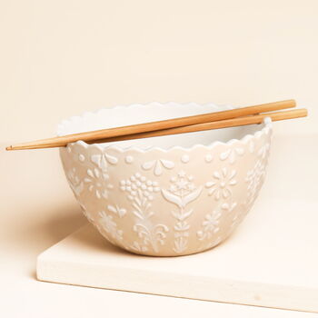 Pink Floral Scalloped Edge Ceramic Ramen Bowl And Chopsticks Set, 2 of 4