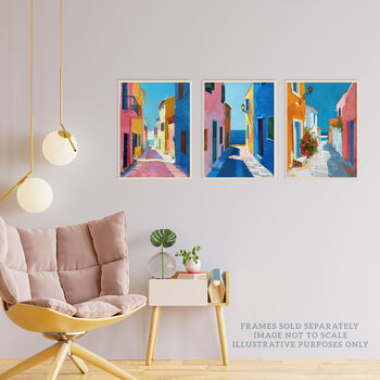 Set Three Wall Art Prints Colourful Village Sea Greek, 2 of 7