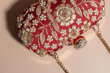 Asha, Oval Red Silk Embroidered Clutch, 3 of 5