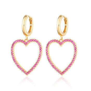 Sterling Silver Pink Open Heart Drop Hoop Earrings, 4 of 7
