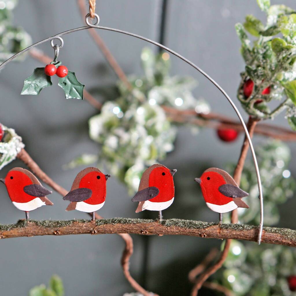 Five Christmas Robins On Branch Hanging Decoration By Red Berry Apple