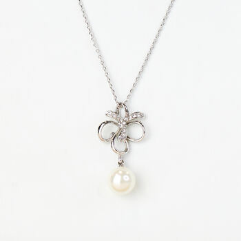 Crystal Bow And White Pearl Pendant Necklace Christmas Gift For Her, 2 of 3