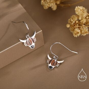 Sterling Silver Enamel Highland Cow Drop Dangling Earrings, 5 of 10