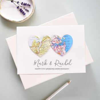 Personalised Map Hearts Wedding Anniversary Card, 2 of 7