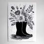 Flowers In Welly Boots Hand Printed Lino Print Wall Art, thumbnail 2 of 3