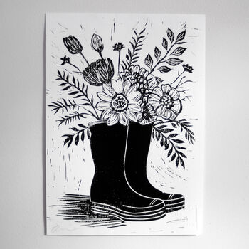 Flowers In Welly Boots Hand Printed Lino Print Wall Art, 2 of 3