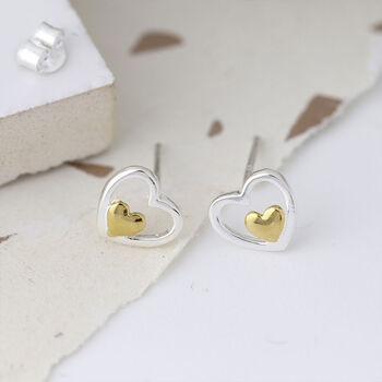 Double Heart Stud Earrings In Sterling Silver, 2 of 12