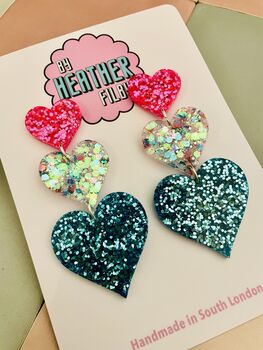 X Large Triple Heart Glitter Resin Earrings, 2 of 5