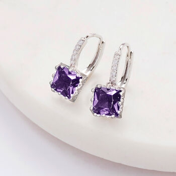 Purple Square Crystal Huggie Hoop Earrings, 2 of 3