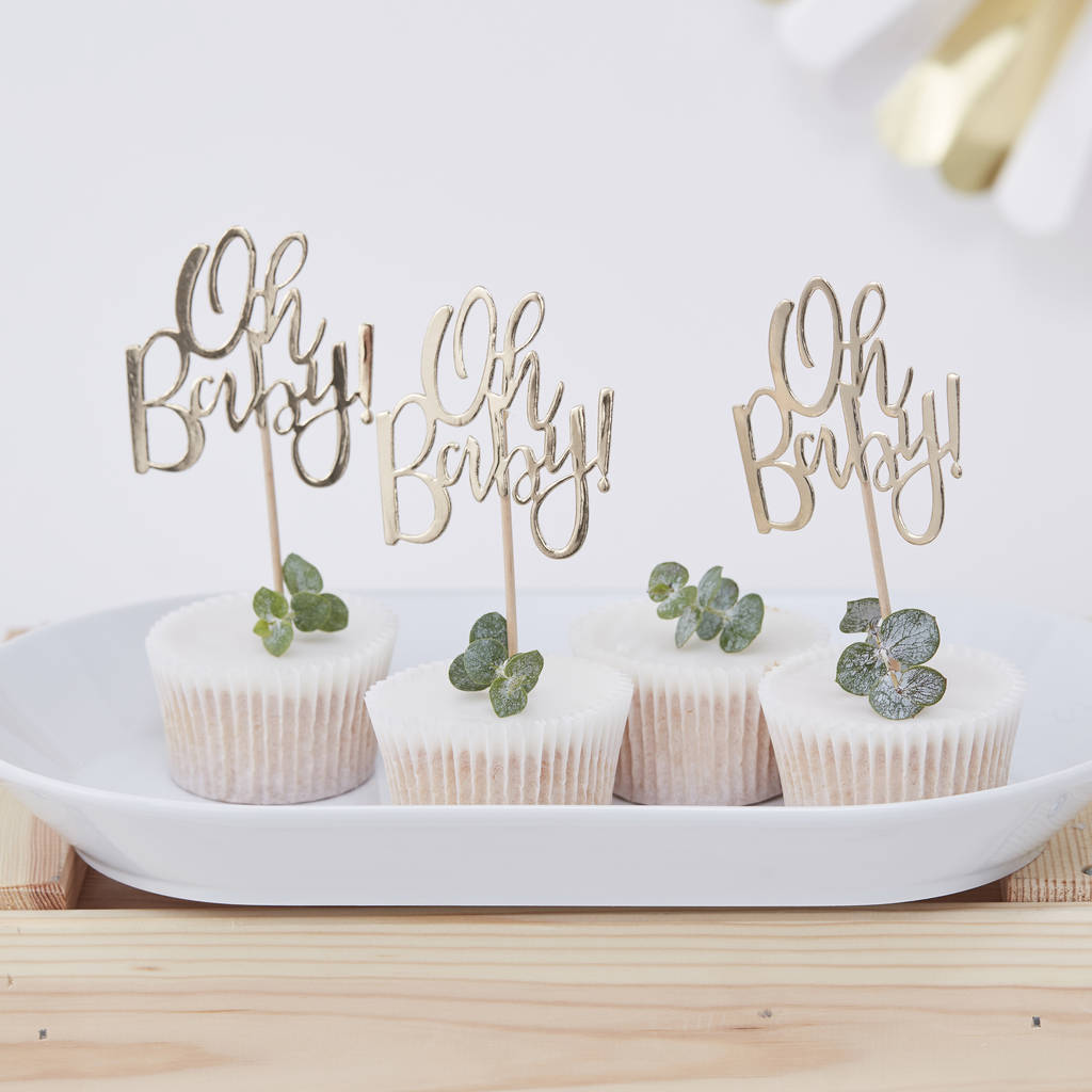 Gold Foiled Oh Baby Baby Shower Cup Cake Toppers, 1 of 3