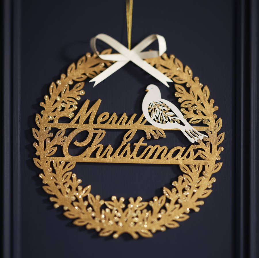 gold laser  cut  merry christmas  wreath by the christmas  