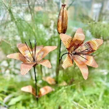 Set Of Two Copper Lily Flower Garden Stakes – Outdoor Garden Art, 2 of 6