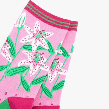 Women's White Lily Floral Print Bamboo Socks, 3 of 4