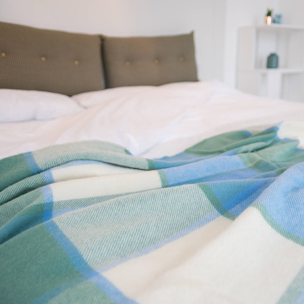 Block Check Sea Green And Blue Wool Throw By Atlantic Blankets