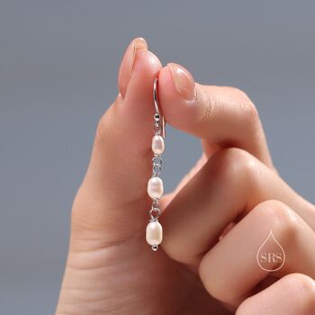 Oval Freshwater Pearl Trio Drop Hook Earrings In Sterling Silver, 7 of 11