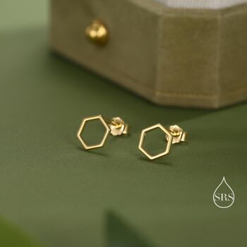 Sterling Silver Minimalist Open Hexagon Stud Earrings, 5 of 12