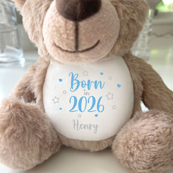 Personalised Born In 2026 Brown Teddy Bear New Baby Arrival Gift, 3 of 7