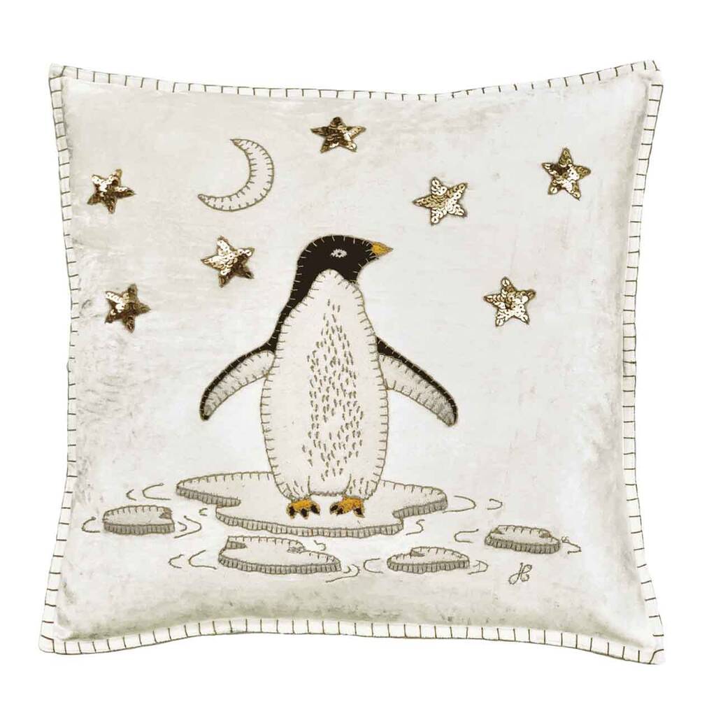 Cream Velvet Christmas Penguin Cushion With Sequins