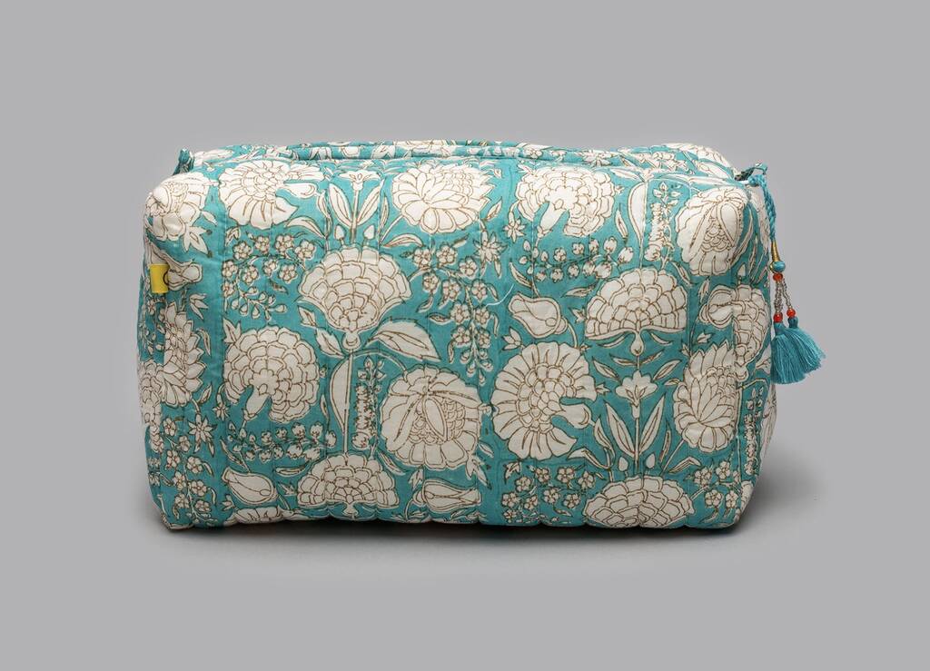 Majha Floral Pattern Quilted Cotton Washbag In Aqua, 1 of 5