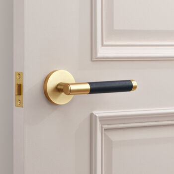 Brass Gold, Silver And Black Leather Door Lever Handles, 5 of 8