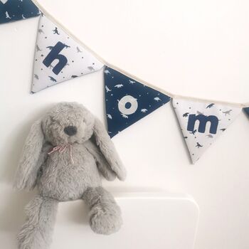 Dinosaur Bunting, Personalised Baby Name, White, Navy Blue, 3 of 11