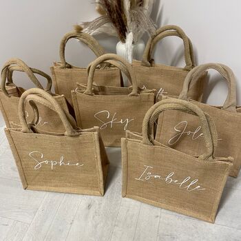 Personalised Square Jute Lunch Bridesmaid Top Handle Gift Bag, 6 of 9