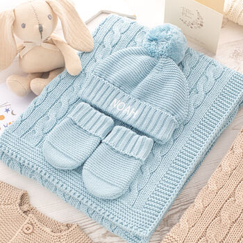 Lilac Cable Knit Baby Girls Blanket, Hat And Mittens Set, 6 of 12